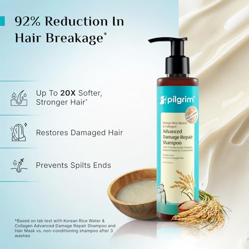 Image of Pilgrim Korean Rice Water & Collagen Advanced Damage Repair Shampoo - 200ml | with 17 Amino Acids, Wheat Protein & 5 Ceramides | Paraben-Free | For Dry & Damaged Hair | For Women and Men