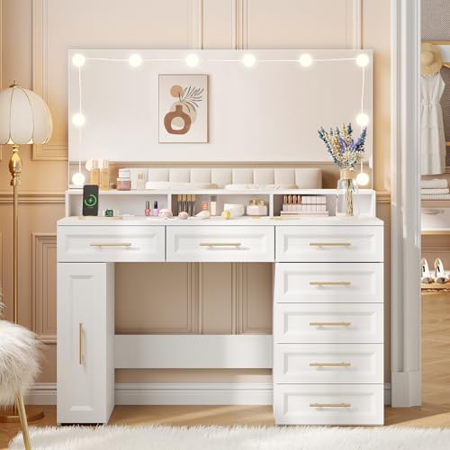 Vabches 47" Vanity Desk with Lights and Large Mirror,Makeup Vanity