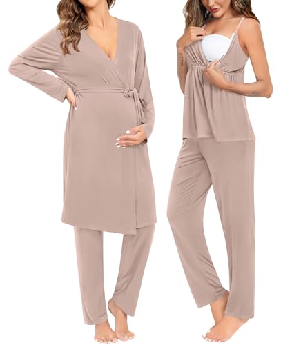 Image of SWOMOG Maternity Nursing Robe Set 3 Piece Breastfeeding Pajamas 3 in 1 Labor Delivery Sleevless Tops&Long Pants Pregnancy Pjs