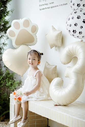 Image of 3rd Birthday Dog Paw Balloons Set,18'' Paw Prints, Heart,Star,Paw Shaped Foil Balloon 40 Inch Cream Number 3 Helium balloons for Puppy Themed Third Anniversary Birthday Party Decorations Supplies 6PCS