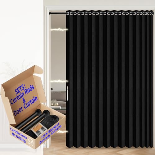 Image of AJAZZ Blackout Door Curtains for Doorways with Curtain Rods 52-63 in Length, Accordion Doors for Doorway, Magnetic Door Curtain for Bedroom Doorway Curtain Set, 1 Panel, W75 x L80 in, Black