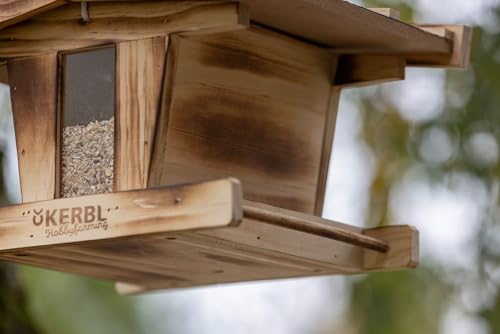Kerbl Hobbyfarming Vogelfutterhaus, Aus Holz, Mit Glassichtfenster, Wetterfestem Dach, Robuste Kordel zur Aufhängung, Für Wildvögel, Witterungsbeständig