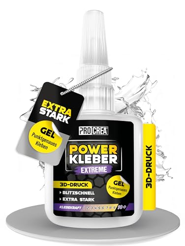 PROCREA Powerkleber 3D-Druck extra stark [mit Anti-Austrocknungs-Spitze] 3D Druck Gel für PLA ABS PETG TPU Filament Kleber - Sekundenkleber & Superkleber - 3D Druck Zubehör - Made In Germany