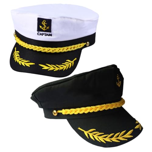 AKOOSY - AKOOSY Lot de 2 Chapeaux de Marin Blancs et Noirs Chapeau de Capitaine Adulte pour Homme et Femme Casquette Visière Incurvée pour Navigation de Plaisance et Fêtes en Extérieur