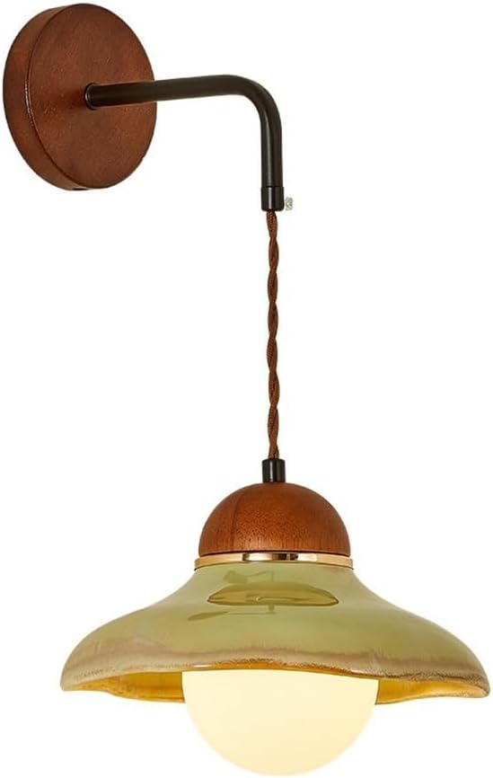 Green Ceramic Wall Sconce, Glazed Porcelain Shade, Walnut Wood Base, Retro Pendant Style Wall Lamp for Bedroom, Kitchen Island, Hallway, Bedside, Farmhouse Entryway Decor Parlor