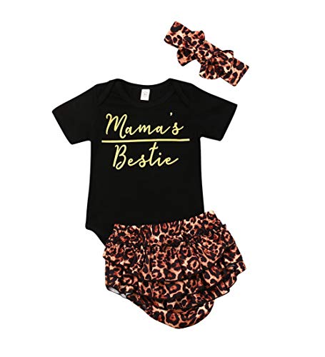 Image of Newborn Baby Girls Clothes Floral “Mommy is My bestie” Bodysuit Romper +headband (0-6 Months, Black&Leopard)