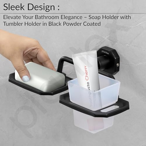 Image of Plantex 304 Grade Stainless Steel 2in1 Soap Dish with Tumbler Holder /Soap Stand /ABS Materail Tooth Brush Holder /Bathroom Accessories - Nipron (Black)