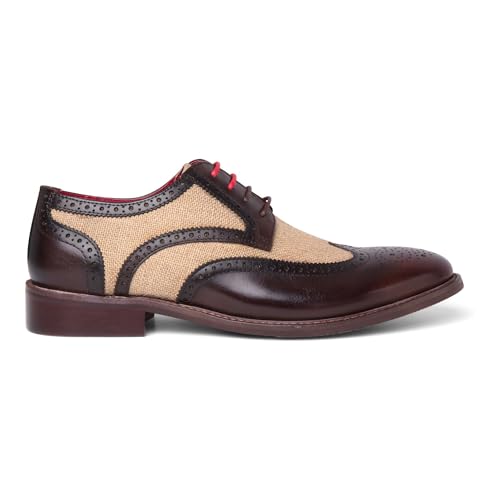 Men's Brown Leather Canvas Detailing Brogue Shoes - Cole