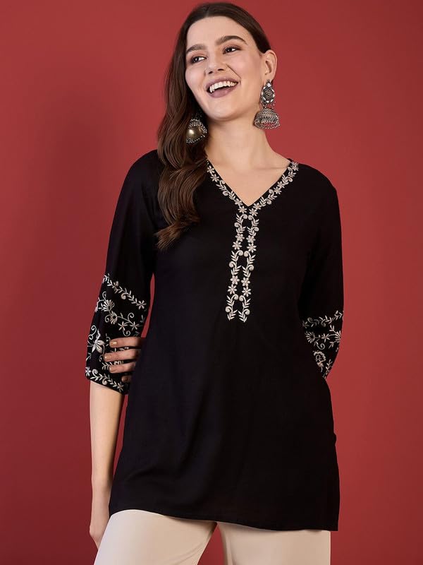 Image of Women's Ethnic Printed Rayon Short Kurta | Stylish Round Neck V-Slit Straight Kurti | Comfortable, Office & Casual Kurta for Jeans, Leggings & Trousers