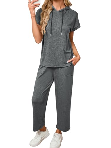 Image of Famulily Tracksuit Womens Full Set Side Split Drawstring Hoodies & Wide Leg Crop Pants with Utility Pockets Dark Grey L