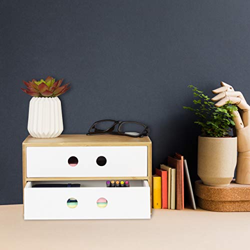 Relaxdays Schreibtisch Organizer, 2 Schubfächer, Bambus & MDF, Aufbewahrungsbox Büro, HxBxT: 14 x 25 x 20 cm, weiß