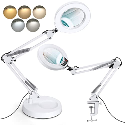 Krstlv 8X Magnifying Glass with Light and Stand, Upgrade Button 5 Color Modes Stepless Dimmable, 2-in-1 LED Lighted Magnifier Light, Hands Free Desk Lamp with Clamp for Craft Hobby Close Work - White