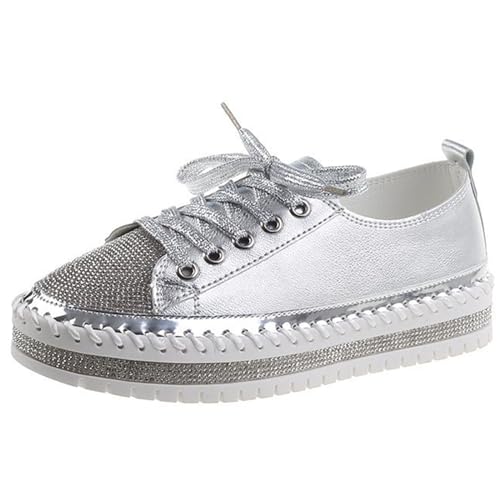 Women's Sequins Diamonds Flat Lace Up Fashion Sneakers Comfortable Shiny Dazzling Wedding Bridal Fashion Walking Shoes
