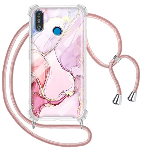 Tawarror Handykette Hülle für Huawei P30 Lite, Glitzer Marmor Hülle mit Kordel Marmor Silikon TPU Handyhülle mit Kordel zum Umhängen Schutzhülle mit Band in Roségold - Licht Pink Violett Cover