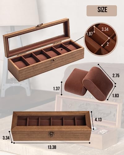 Image of Watch Box for Men and Women - Large Glass Lid, Wooden Display Storage Case With 6 Slots, Retro Burlywood Organizer