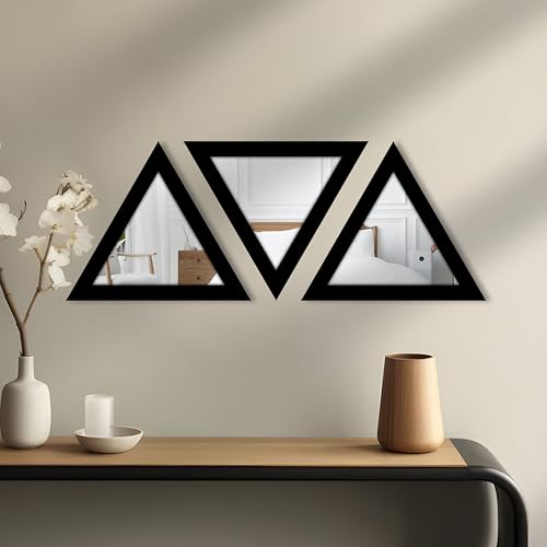 Image of Art Street Acrylic Triangle Decorative Wall Mirror Set of 3 Triangle Shape Mirror for Home Decoration, (9x9 Inch, Black)