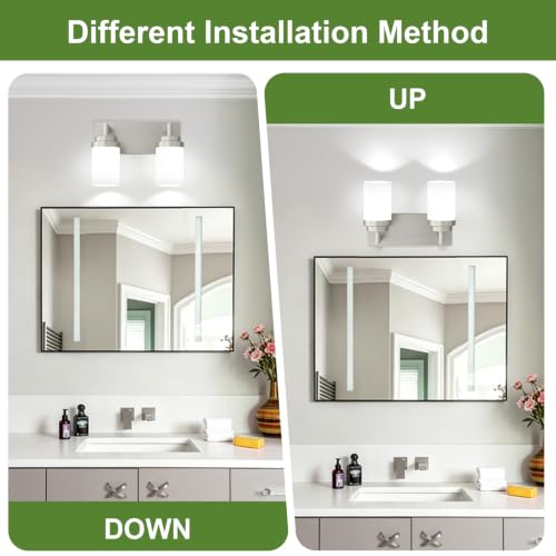 Image of Bathroom Light Fixtures, Brushed Nickel Bathroom Lighting Fixtures Over Mirror, Modern Vanity Light with White Glass Shade, Restroom Lighting Fixtures, 2-Light 13-inch