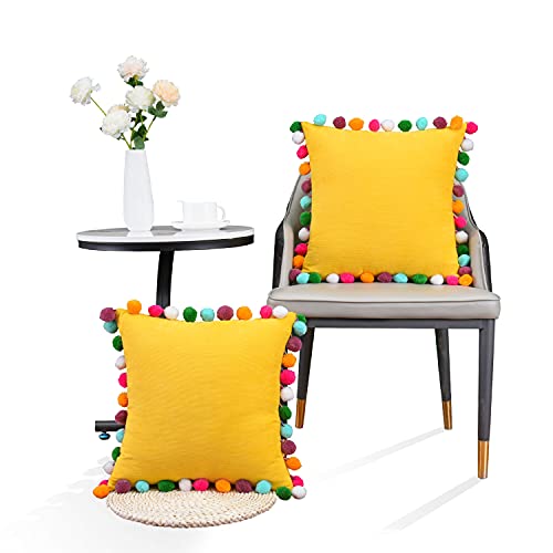 Leegleri Ginger Yellow Decorative Pom-Poms Throw Pillow Cover cover