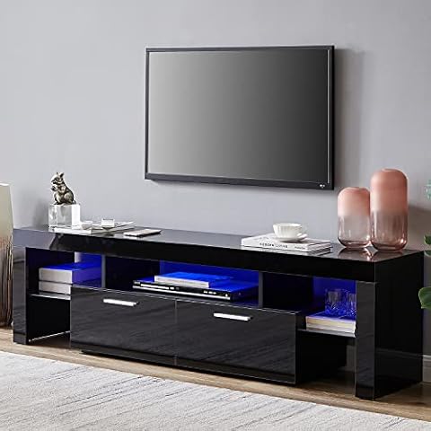 Nrizc Black LED TV Stand for 75 Inch TV, High Gloss TV Entertainment Center with Storage Drawer, TV Console Table for Living Room, Bedroom Cover