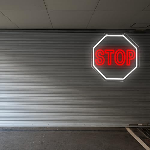 Image of STOP Neon Signs Warning Neon Lights Wall Decor for Parking Garage, Apartment Complex,Garage, Gate,Home 12.2 x 12.2 IN-USB Powered-Acrylic