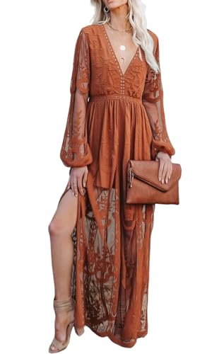 LRISES Women V Neck Fall Floral Embroidered Lace Maxi Wedding Dress Long Sleeve Slit Wedding Guest Formal Party Dresses Burnt Orange