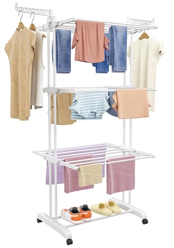 SIMPDIY Wäscheständer Wäschetrockner Turm, Turm-Wäscheständer mit 6 Klappbare Flügel und 2 Seitenflügel, Standtrockner Wäscheturm mit Rollen für Innen und Außen, Weiß