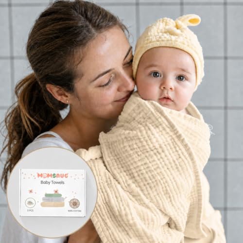 Image of Momsnug 3-Pack Muslin Hooded Baby Towels, Green + Grey + Apricot, 35 inch X 35 inch