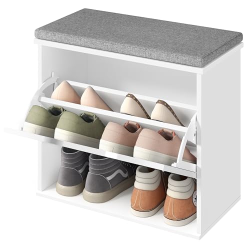 VASAGLE Banco Zapatero Acolchado, Mueble de Recibidor de 3 Niveles para 6 Pares de Zapatos, Cajón Abatible, 30 x 60 x 53,5 cm, para Entrada, Dormitorio, Blanco Nube y Gris Paloma LSB121WB01