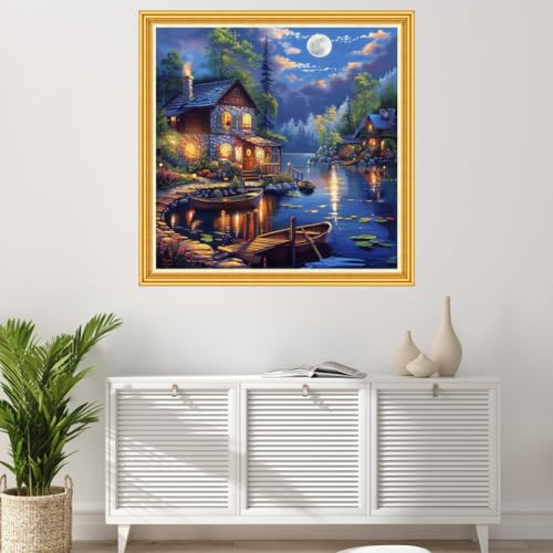 Image of Joyhoor Stamped Cross Stitch Kits for Beginners Needlepoint Kits for Adults Embroidery Kits 11CT Counted Cross Stitch Kits Printed Embroidery Pattern-Home Night 18x18 inch
