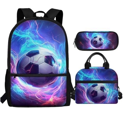 Tongluoye Mochila escolar de futebol para meninos 8 a 12 anos com lancheira combo estojo de lápis infantil bolsa escolar de futebol 43 cm mochila de ombro para estudantes do ensino médio conjunto 3 em