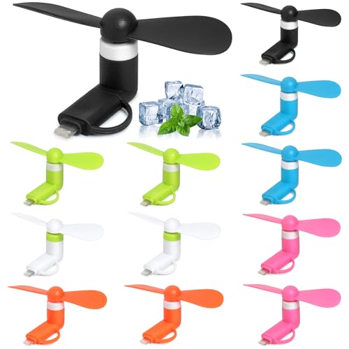 Aeergured Mini Cell Phone Fan 12 Pack, 2-in-1 Fan Compatible for iPhone, iPad, Android Smartphone,Tablet Fit for Type C/Lightning Port Colorful and Powerful Cell Phone Summer Accessories