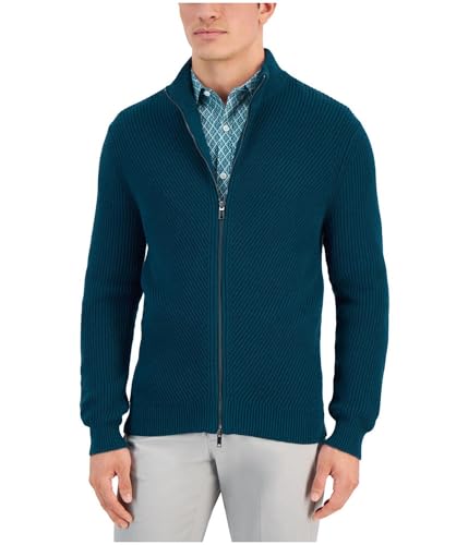 Alfani Mens Heavy Rib Zip Front Sweater Dark Kale Blue XXL