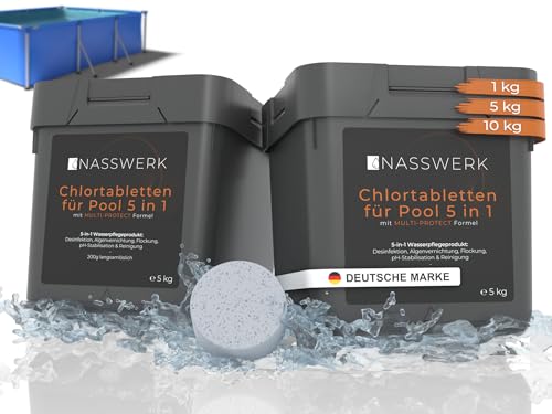 NASSWERK Pooltabs Multitabs 5 in 1 (10kg) | 200g Chlortabletten mit Algizid, pH Stabilisator, Flockungsmittel & Reiniger | Langzeit clortabellten Pool 5 in 1 für optimales Poolwasser | Multitaps Pool