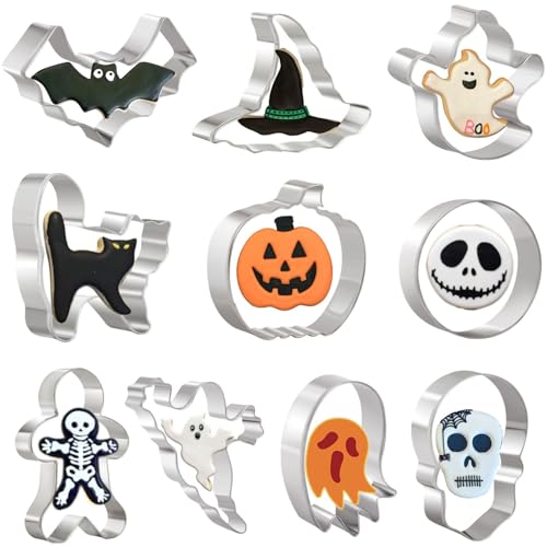 Crethinkaty Set di 10 formine per biscotti di Halloween, a forma di fantasma, pipistrello, gatto, omino di pan di zenzero, zucca, teschio, rotondo e cappello da strega, in acciaio inox, per le vacanze