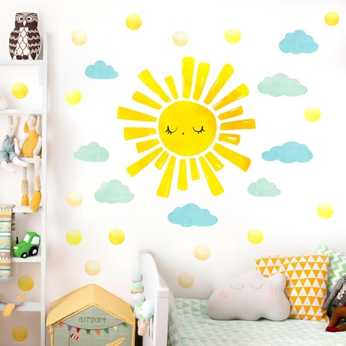 Vinilo decorativo sol acuarela y nubes amarillo 15x15.7 in