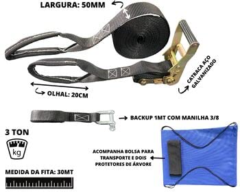 Kit Slackline 30m com Catraca e Bolsa de Proteção (Preto)