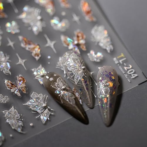 Image of Butterfly Nail Stickers Flower Nail Art Decals with Pearl Design Floral Nails Stickers 5D Embossed Self Adhesive White Brown Nails Charms for Women Girls Manicure DIY Supply Decoration