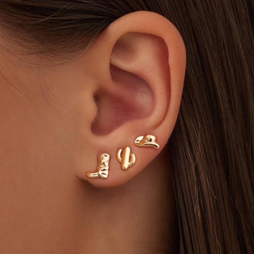 MUYAN Gold Small Western Earrings for Women Trendy Hat Boots Cactus Studs 3 Pairs Country Style Jewelry Cowgirl Outfit Accessories4