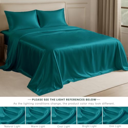 Image of Cloth Fusion Flat Satin Bedsheet Double Size 90x100 inch | Peacock Green, 2 Pillow Covers, 300 TC, Glossy Finish, Smooth on Hair and Skin, Gift for Couples, Wedding & Anniversary