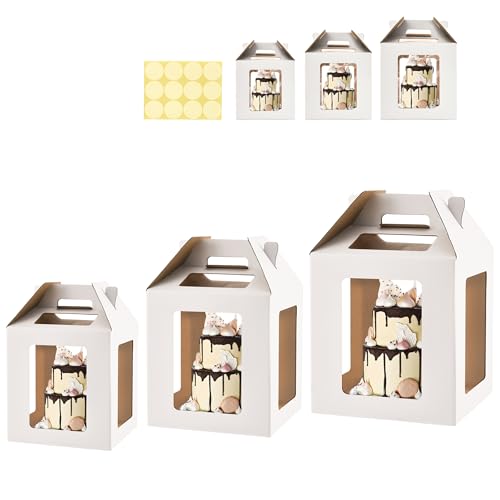 WINHPH Tall Cake Boxes 6 Windows with handle, In 3 Size 10x10x10&12x12x12&14x14x14inch Cake Boxes,Square Cake Carrier,largeTake Out Transport Containers(3Pcs-White)