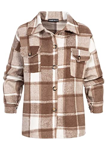 Cloud 5ive Chaqueta Shacket para mujer con 2 bolsillos en el pecho a cuadros, marrón, M