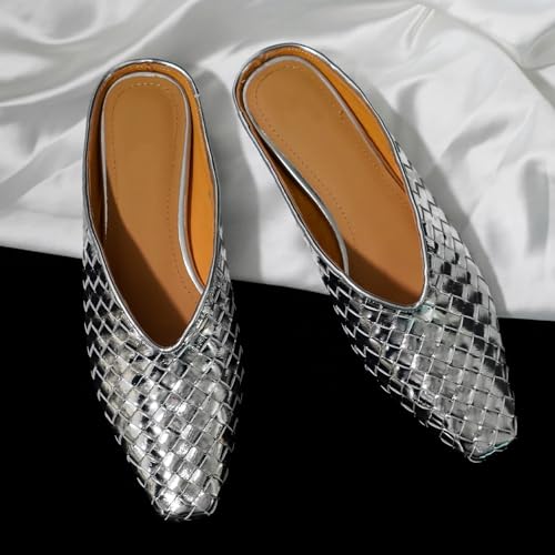Image of Woven Mules for Women Slip on Comfortabke Metallic Slides Ladies Trendy Square Toe Hidden Wedge Mules