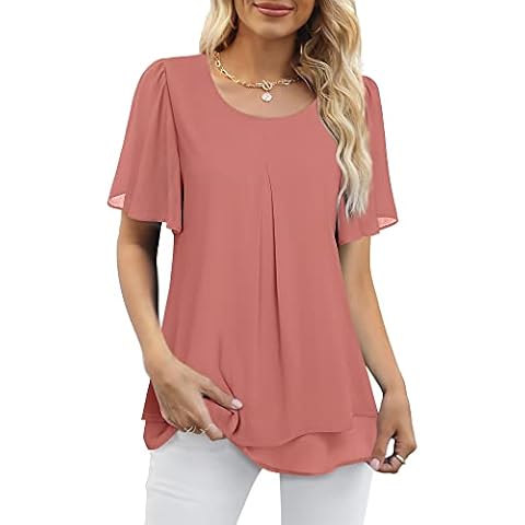 Gaharu Professional Blouses for Women Chiffon Outfits Sheer Sleeve Tops Fit and Flared Shirts Business Casual Clothes Layered Tunics Carmine,L Cover