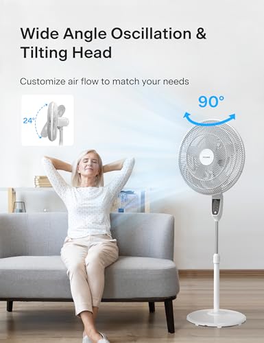Image of PELONIS 18 inch 5-Blade Adjustable Oscillating Pedestal Fan with Remote, White | White Standing Fan with 90 Oscillation and 24 Tilt, 5-Speeds, 4 Modes, Eco Control, 7-Hr Timer for Living Room and Office