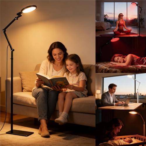 Sun Lamp 12000 Lux Full Spectrum Daylight Therapy Floor Lamp with 670nm Red Light Therapy and Monitor Mount 6-in-1 Modes 9 Color Temperatures 10 Brightness Magnetic Remote 43-68.5 Adjustable UV-Free