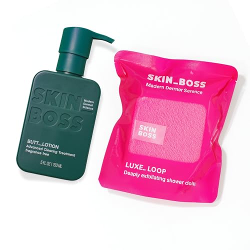 SKINBOSS Butt Acne Clearing Treatment & Luxe Loop Exfoliating Body Scrubber – Targets Pimples, Folliculitis, Scars & Dark Spots – Body Cream & Exfoliating Washcloth – 5 oz Cream & Exfoliator (Pink)