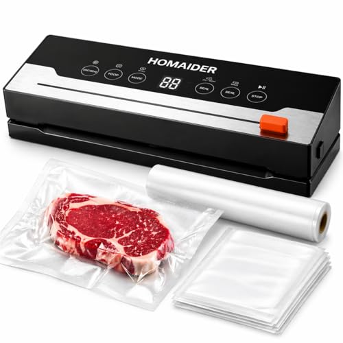 Homaider Vacuum Sealer Machine for Food Automatic Food Vacuum Sealer with 80-90kPa Suction Dry & Moist Modes Built-In Cutter 20 Vacuum Bags Included Sous Vide Food Preservation System
