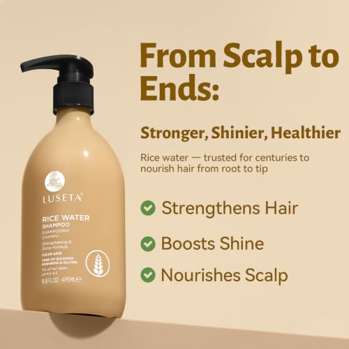 Image of LUSETA Rice Water Shampoo for Hair Growth and Strengthening, Hydrating & Nourishing Shampoo for Dry Damaged Hair, Frizz Control & Shine for All Hair Types, 16.8 fl oz