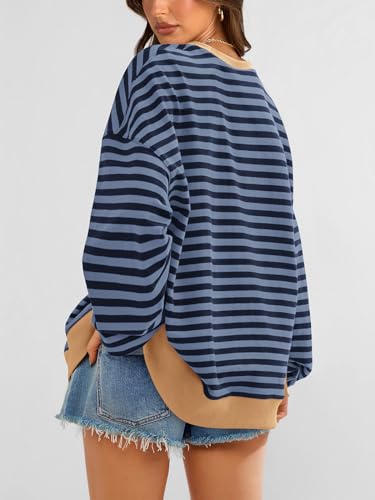 Image of PRETTYGARDEN Womens Striped Oversized Sweatshirt Color Block Crew Neck Long Sleeve Casual Loose Pullover Top Y2K Clothes