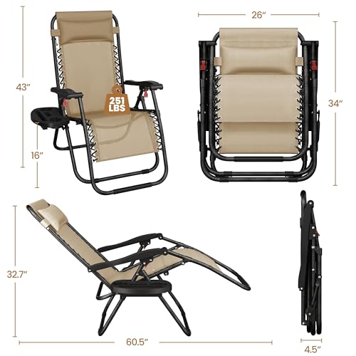 Yaheetech Zero Gravity Recliners Outdoor Adjustable Folding Reclining Lounge Chairs w/Pillows, Cup Holder Trays and Carry Strap for Patio Backyard Beach Beige Set of 2